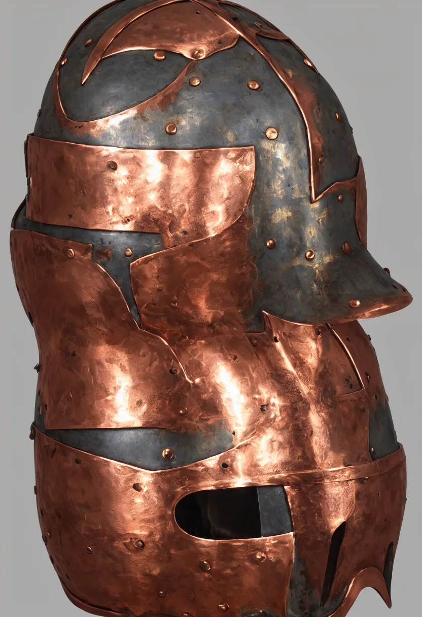 Image similar to a presentation photo of a duel knight's helmet that is made of copper and gold, beautiful ornated details