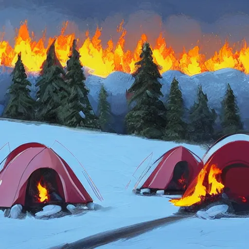 Image similar to a camp with tents on fire, burning down, shadows of 3 girls watching the camp burn, snow, painted by Sylvain Sarrailh