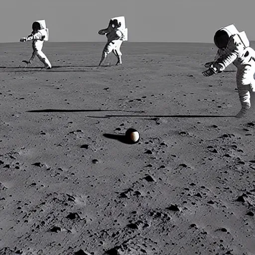 Prompt: astronauts playing football on the moon, Earth in the background, photorealistic