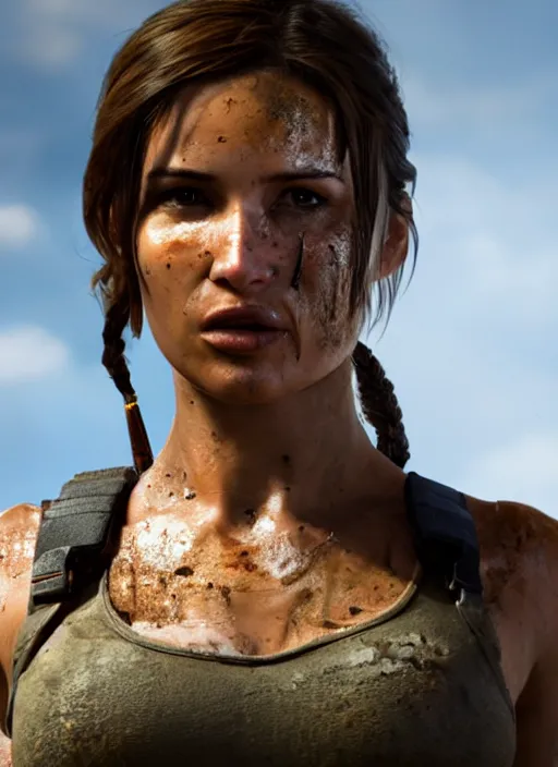 Image similar to a film still of lara croft as cop, her face muddy and sweat, direct sun light, close up potrait, cinematic, subsurface scattering