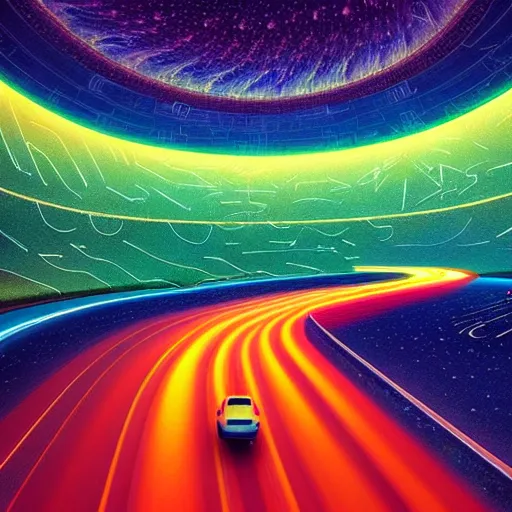 Image similar to interior of cosmic highway created by bosch, beautiful colors, bold architecture, detailed, 4 k