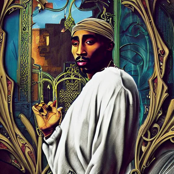 Prompt: tupac shakur art nouveau matte painting, highly detailed,