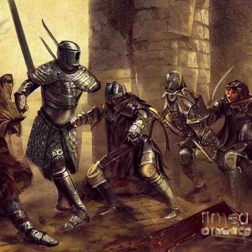 Image similar to knight holding a broken longsword facing a group of attackers, he looks unsteady and scared, medieval, fantasy, digital art, detailed