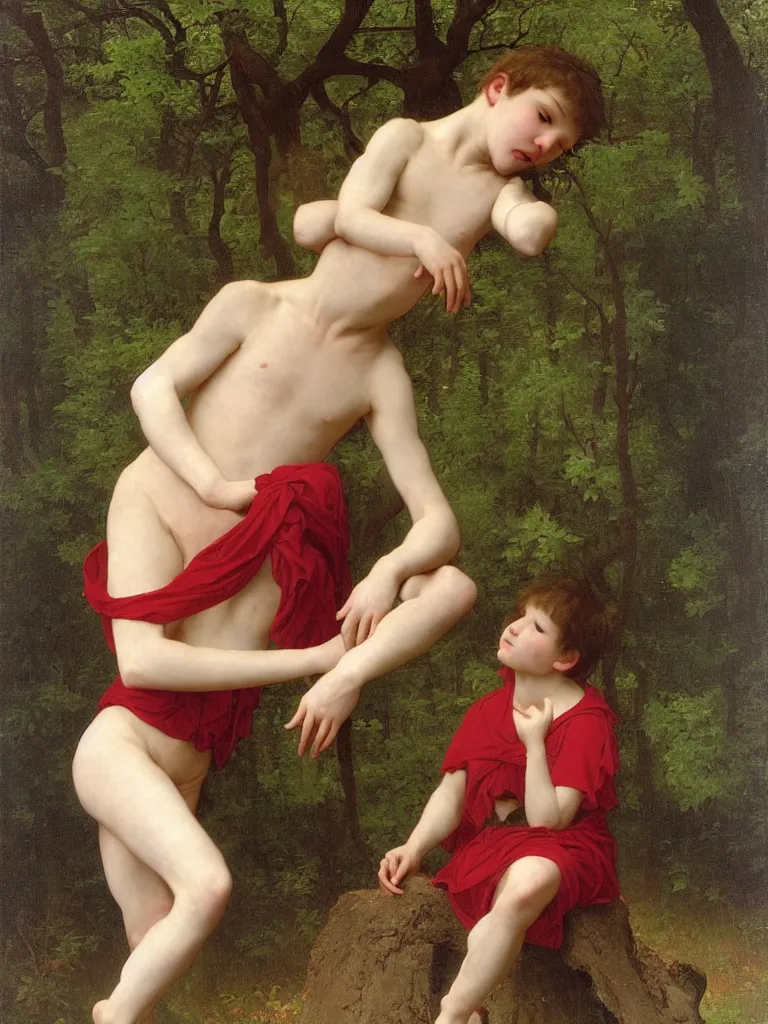 Prompt: perfect young male red demon wearing collar ruff is sitting in the forest crying, by bouguereau and by andrey remnev