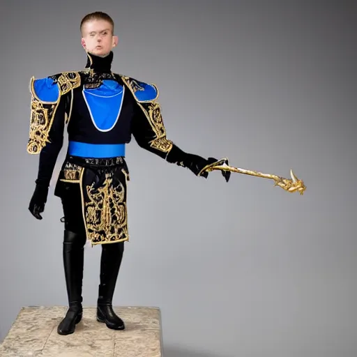 Image similar to low angle upper view of adult Austin Butler dressed in futuristic-baroque prussian blue duelist-garb with Griffin-Ram embroidery emblem, and nanocarbon-vest and greaves, standing in an arena in Dune 2020, XF IQ4, f/1.4, ISO 200, 1/160s, 8K, RAW, unedited, symmetrical balance, face in-frame