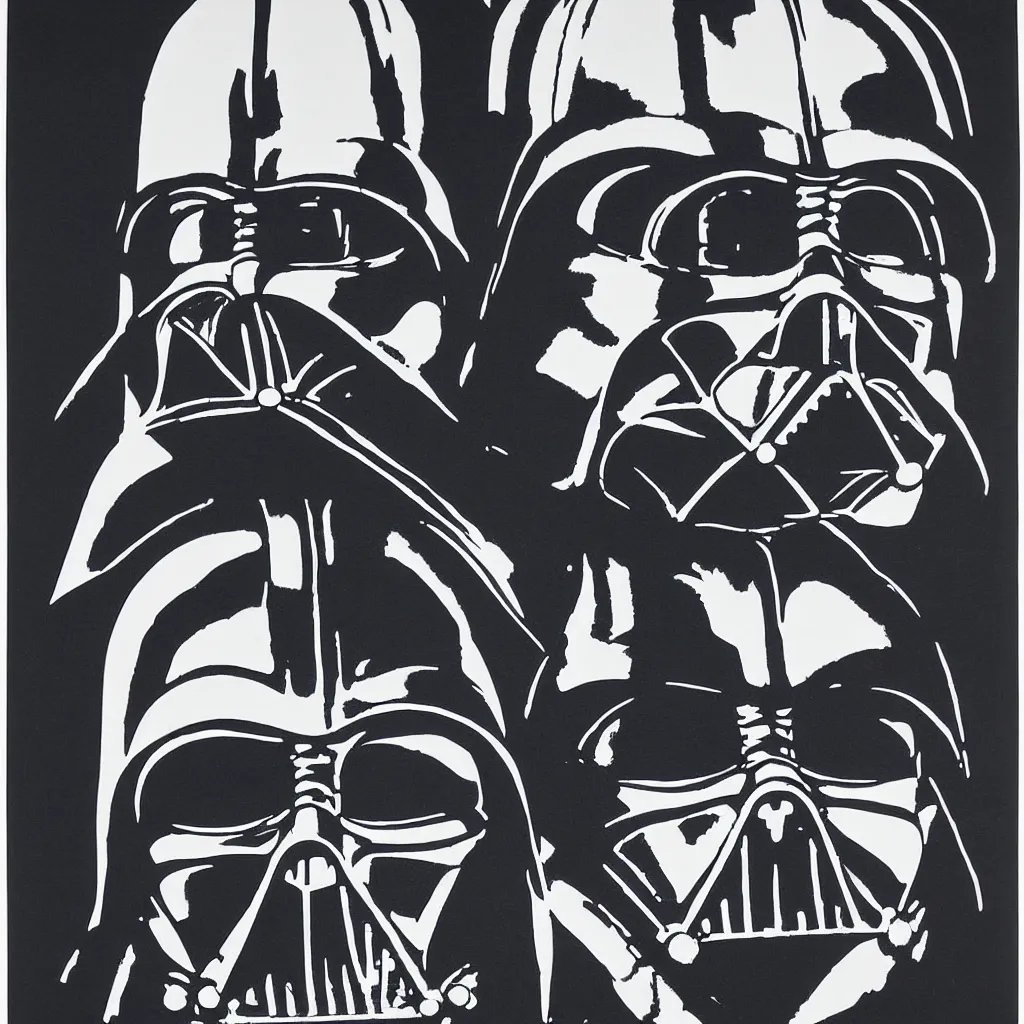 Prompt: individual silk screen portrait of darth vader by andy warhol