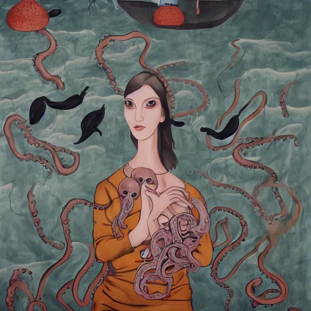 Image similar to tall female emo artist holding an octopus in a flooded cafe, octopus, water gushing from ceiling, painting of flood waters inside a cafe, a river flooding indoors, pomegranates, pigs, ikebana, water, octopus, river, rapids, waterfall, black swans, canoe, berries, acrylic on canvas, surrealist, by francesco clemente