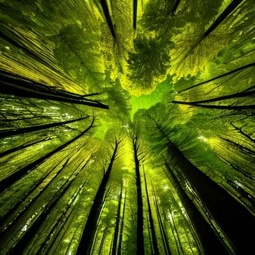 Image similar to Looking down at the forest floor, covered in fallen leaves, A green gold forest in Japan, dark, midnight, ghostly white trees