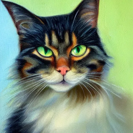Image similar to oil painting of long - haired light and medium orange cat with green eyes, bushy tail, pointy ears, white whiskers, artistic, elegant,
