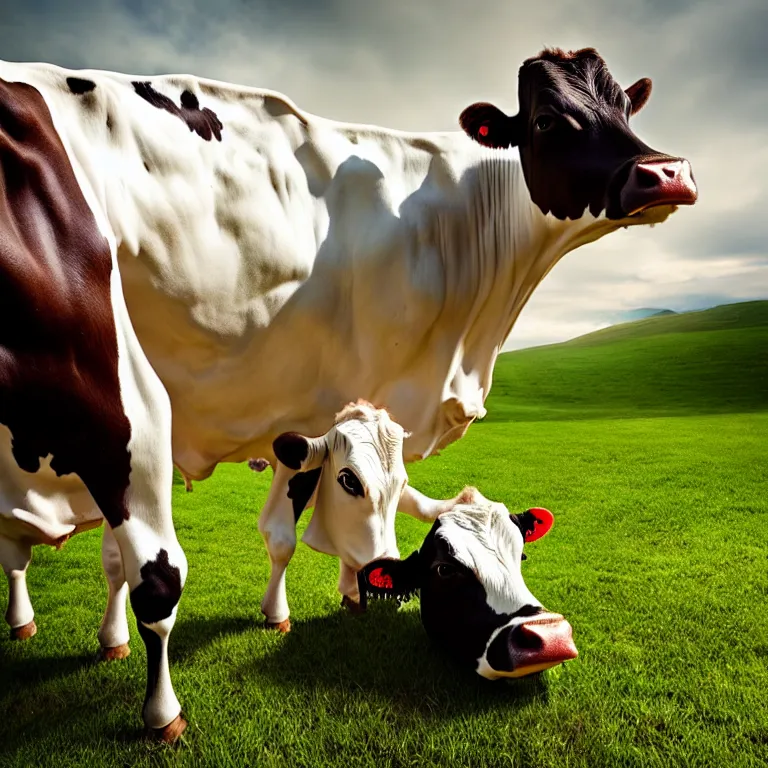 Image similar to homelander drinks milk from a cow, realistic, dramatic lighting, colors bright, dslr shot