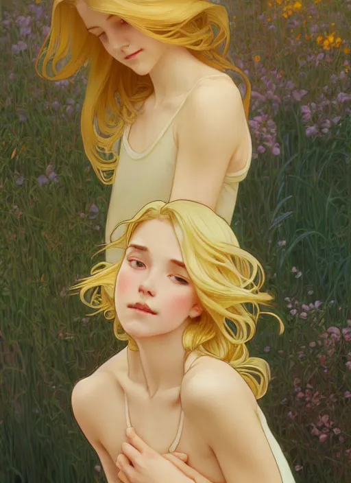 Image similar to pretty young man with shoulder length shiny shimmering golden blond hair, head down, demure, shy, path traced, highly detailed, high quality, digital painting, by studio ghibli and alphonse mucha, leesha hannigan, disney