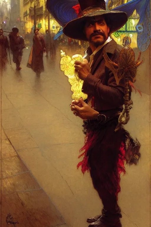 Image similar to honduran immigrant, dressed as a magician. christopher street, nyc, realistic painting by gaston bussiere, craig mullins, greg rutkowski, alphonse mucha