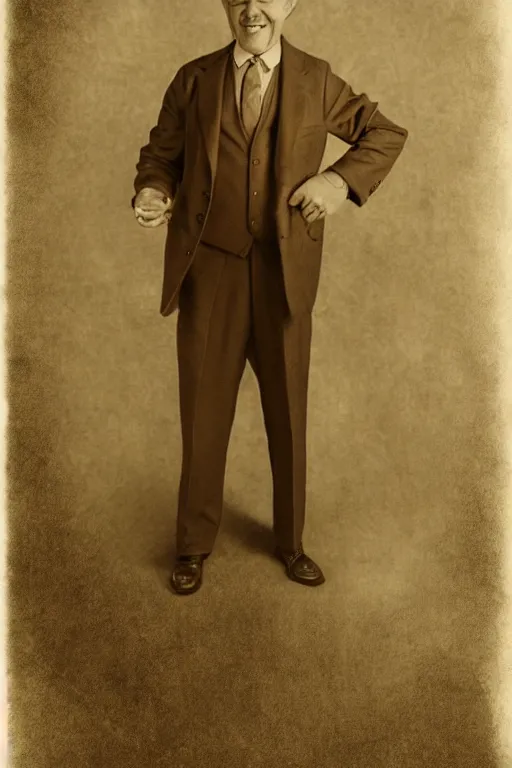 Image similar to octopus headed man, vintage full body portrait of an octopus headed man in a suit, sepia