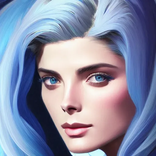 Image similar to Ashley Greene's face combined with Grace Kelly's face with blue hair wearing power armor, western, D&D, fantasy, intricate, elegant, highly detailed, digital painting, artstation, concept art, matte, sharp focus, illustration, art by Artgerm and Greg Rutkowski and Alphonse Mucha