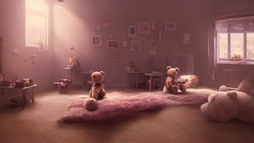 Image similar to a Photorealistic hyperrealistic render of an interior of a spoiled child's beautiful bedroom with a giant teddy bear sitting on the floor by PIXAR,Greg Rutkowski,WLOP,Artgerm,dramatic moody sunset lighting,long shadows,Volumetric, cinematic atmosphere, Octane Render,Artstation,8k