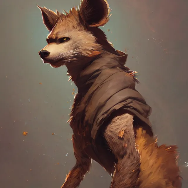 Image similar to a beautiful painting of a handsome male anthropomorph brown hyena furry fursona wearing a hoodie. character design by cory loftis, fenghua zhong, ryohei hase, ismail inceoglu and ruan jia. artstation, volumetric light, detailed, photorealistic, rendered in octane