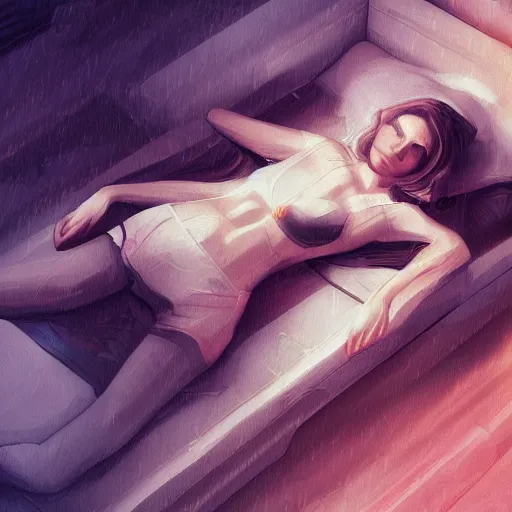Image similar to drone perspective of a woman, laying down on a bed, in a cluttered dark room, with technology, lit by screens, intricate digital painting, Artstation
