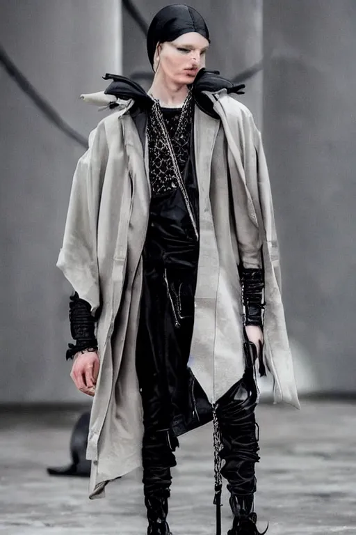Image similar to beautiful androgynous high fashion avant garde techwear look and clothes, we can see them from feet to head, highly detailed and intricate, hypermaximalist, luxury, cinematic, rick owens, yohji yamamoto, y 3, outfit photo, trending on r / streetwear
