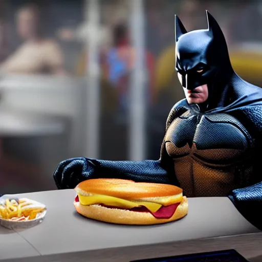 Prompt: A still of Batman eating at McDonalds, 4k, photograph, ultra realistic, highly detailed, studio lighting