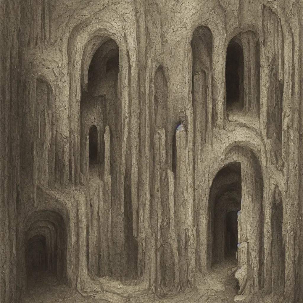 Image similar to cathedral, dungeon, sepulcher, oubliette. unsettling. semi - organic. tunnel, doorways. zdzisław beksinski