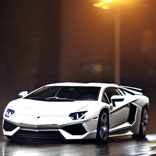 Prompt: Walter White driving a Lamborghini Aventador in the rain at night in the city