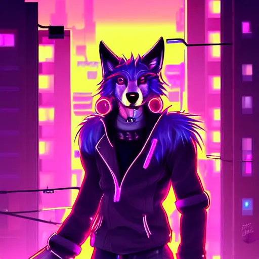 Image similar to beautiful furry digital art portrait commission of an androgynous furry anthro wolf fursona wearing punk clothes in the streets of a cyberpunk city. neon signs. character design by charlie bowater, ross tran, artgerm, and makoto shinkai, detailed, inked