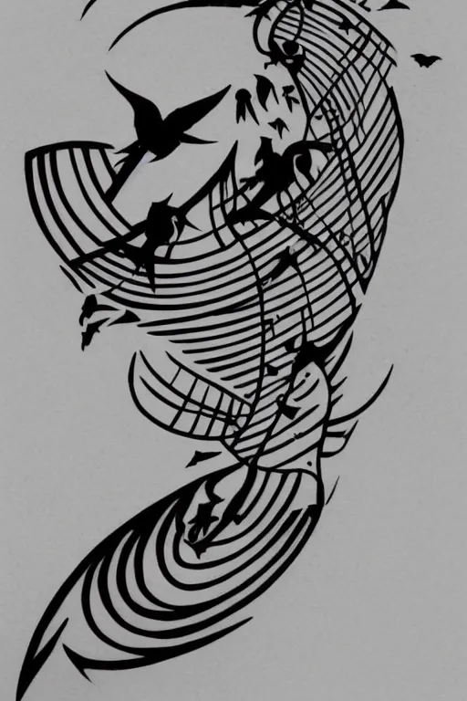 Image similar to a simple tattoo design of flying birds with lines and geometric shapes, black ink, logo, line art