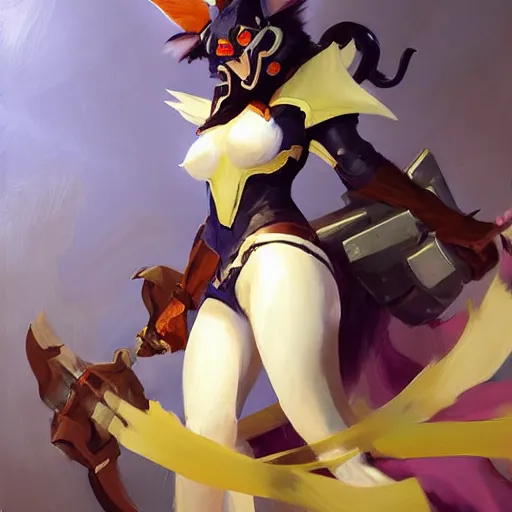 Image similar to greg manchess portrait painting of partially armored ahri from league of legends as overwatch character, medium shot, asymmetrical, profile picture, organic painting, sunny day, matte painting, bold shapes, hard edges, street art, trending on artstation, by huang guangjian, gil elvgren, ruan jia, randy vargas, greg rutkowski, gaston bussiere