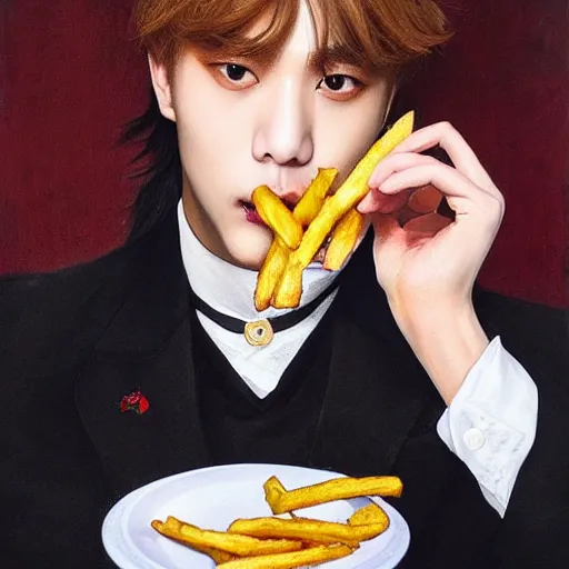 Prompt: taehyung eating gucci fries, 6 0 0 0 dollar fries fried by gucci, pre - raphaelite painting, highly detailed, cleanshaven appearance, narrow nose