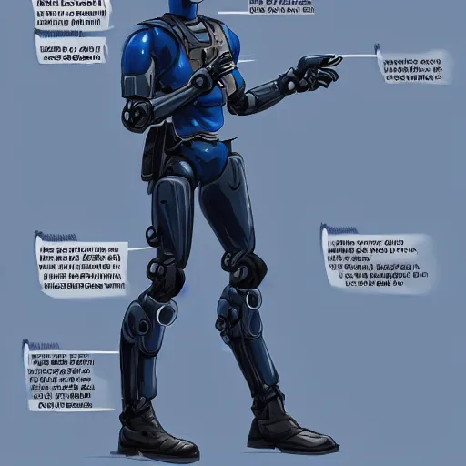 Image similar to Character design police man!!, man in dark blue full body suit, concept art character, very high angle view, one arm of the robot body, book cover, very attractive man with beard, walking in cyberpunk valley highly detailed full body, strong masculine features, sturdy body, command presence, police man!!, royalty, smooth, sharp focus, organic, appealing, deep shadows