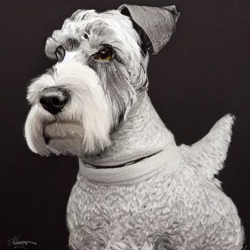 Image similar to portrait of stoic looking miniature schnauzer, military uniform, black fir, white eyebrows, fantasy, intricate, elegant, highly detailed, centered, dark, smokey, charcoal painting, digital painting, artstation, concept art, smooth, sharp focus, illustration, art by artgerm and greg rutkowski and alphonse mucha