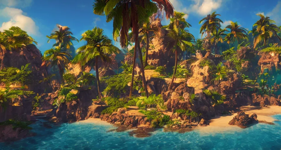 Image similar to An epic fantasy style painting of a sunny tropical paradise, unreal 5, DAZ, hyperrealistic, octane render, volumetric clouds dynamic lighting