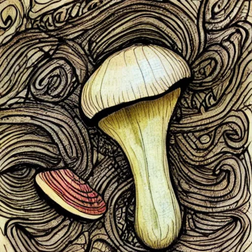 Prompt: boletus mushroom, pen and ink drawing, drawn by hand, cozy, natural colors, textured paper