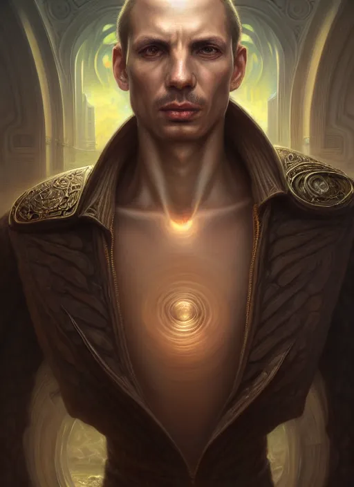 Prompt: closeup portrait shot of a male sleuth in a scenic cyberpunk environment, intricate, elegant, highly detailed, centered, digital painting, artstation, concept art, smooth, sharp focus, illustration, artgerm, tomasz alen kopera, peter mohrbacher, donato giancola, joseph christian leyendecker, wlop, boris vallejo