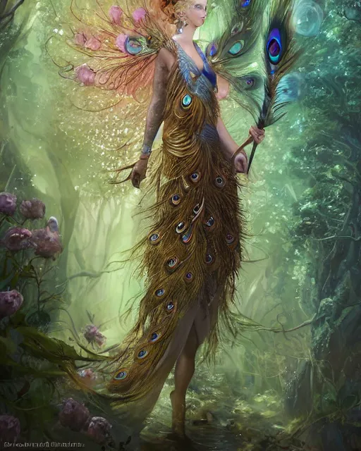 Prompt: Woman/peacock wearing noble dress, looking majestic in forest, portrait, magic the gathering artwork, D&D, fantasy, cinematic lighting, centered, symmetrical, highly detailed, digital painting, artstation, concept art, smooth, sharp focus, illustration, volumetric lighting, epic Composition, 8k, art by Akihiko Yoshida and Greg Rutkowski and Craig Mullins, oil painting, cgsociety