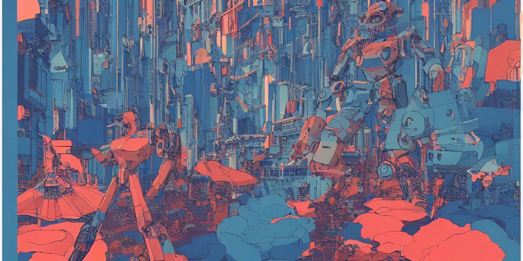 Image similar to risograph, gigantic mecha faces, no artifacts, tiny rats, a lot of exotic animals around, big human faces everywhere, by satoshi kon and moebius, matte blue colors, surreal design, crispy, super - detailed, a lot of tiny details, no blur, 4 k, fullshot