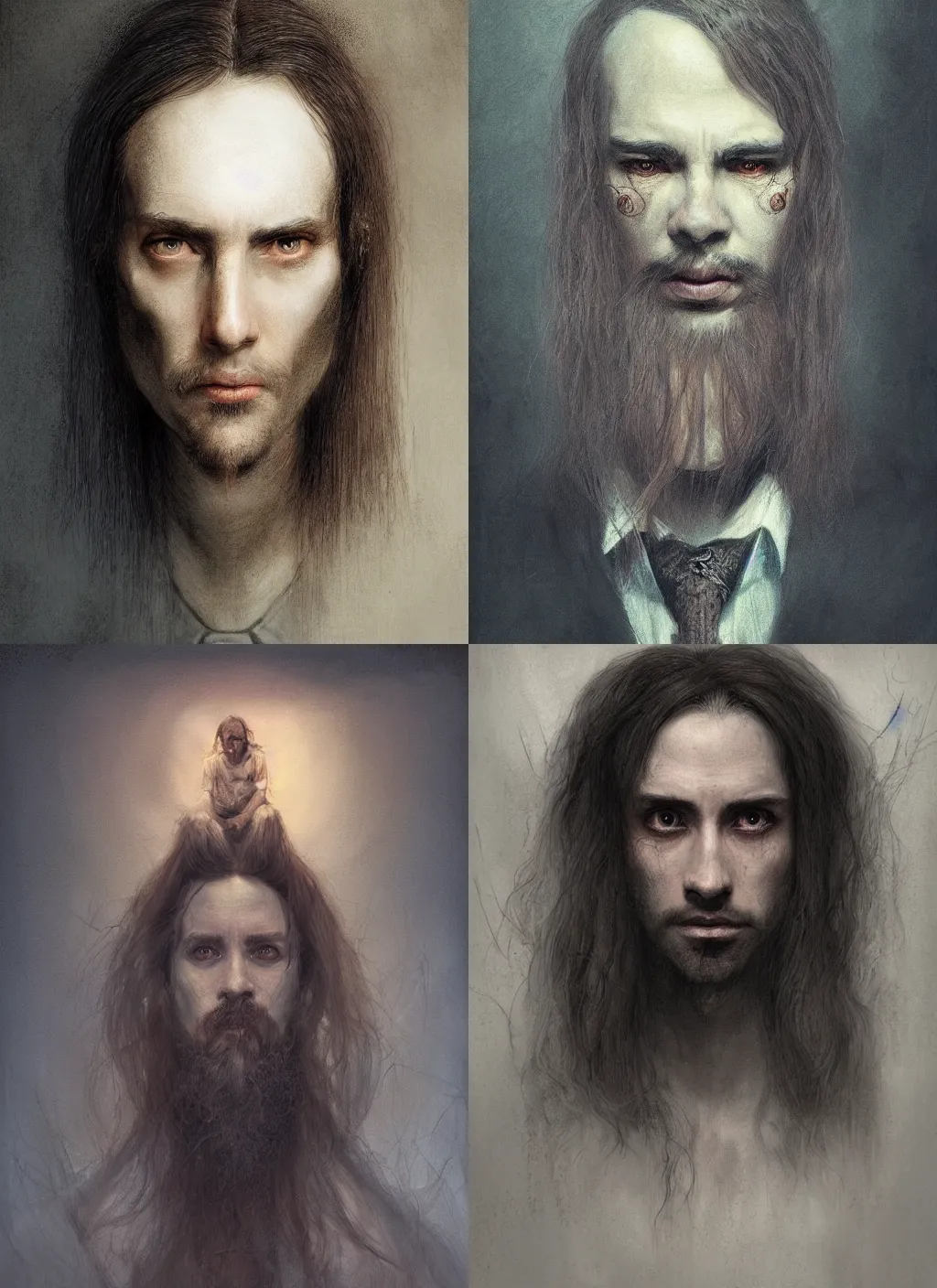 Prompt: portrait of a magician with long hairs in alan lee and marc simonetti and emil melmoth style , cinematic lighting