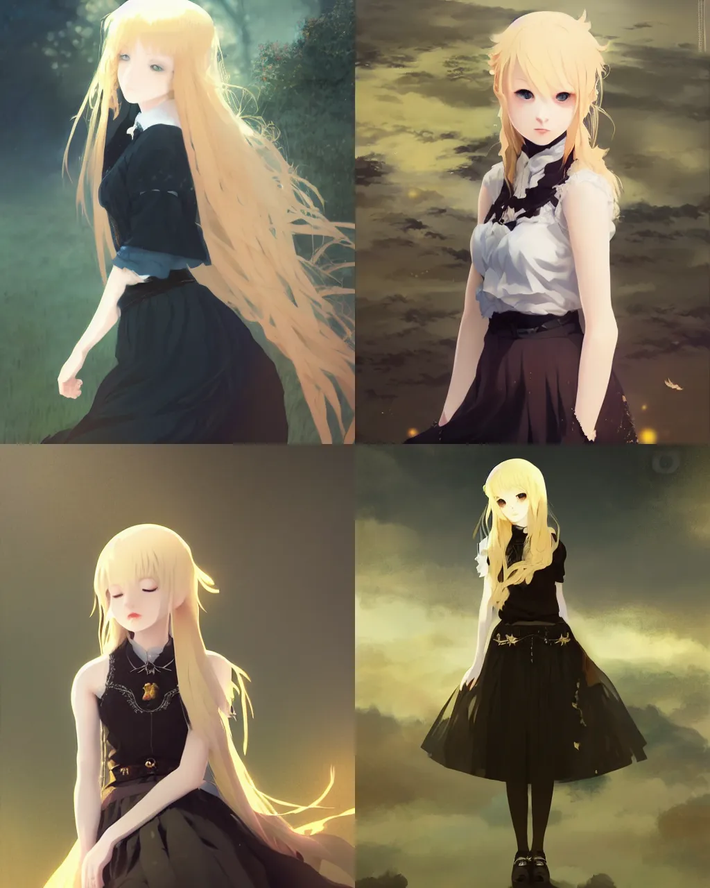 Prompt: girl with blonde hair and gothic skirt, a beautiful portrait, tone mapped, ambient lighting, art by hidari and makoto shinkai and wenjun lin