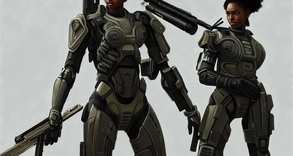 Prompt: a photorealistic painting of an attractive young ebony girl, clothed in stealth-battle armor with a giant sci-fi sniperrifle in her hands, a futuristic hover-tank with heavy laser-turret on the right, intricate details, elegant, digital painting, illustration, sharp focus, minimal artifacts, from Metal Gear, in the style of Ruan Jia and Mandy Jurgens and Greg Rutkowski, trending on Artstation, award winning, unreal engine, octane render