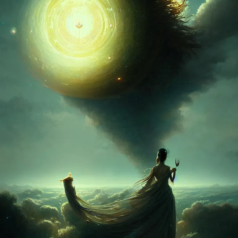 Prompt: a goddess of world full of life, divine thrill of the biological tranquil sky, atoms floating, by greg rutkowski, fantasy, horror, intricate, elegant, highly detailed, digital painting