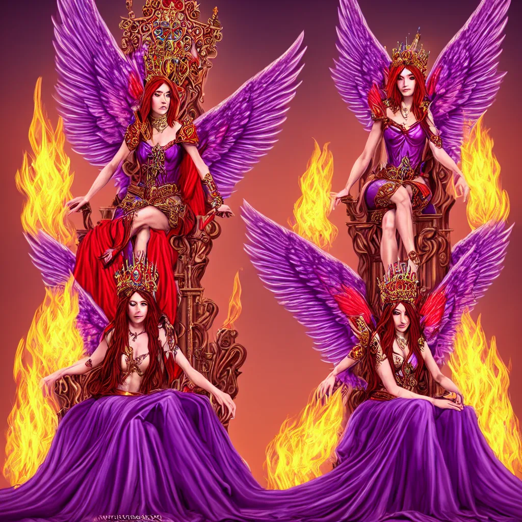 Image similar to Princess sorceress with red flaming bird wings on her back and sitting on an ornate throne dressed in a fancy purple dress, beautiful realistic face, Fantasy, Full Portrait, High detail, realistic, planeswalker