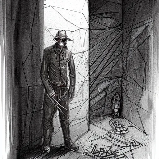Prompt: the man inside the wall, creepy explorer sketch, eldritch journalist, concept art, grand scale, intricate detailed