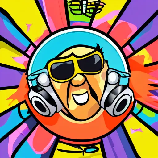 Image similar to svg vector sticker of absolutely insane-mad-scientist-villain, rocking out, wearing headphones, huge speakers, dancing, rave, DJ, spinning records, digital art, amazing composition, rule-of-thirds, award-winning, trending on artstation, featured on deviantart