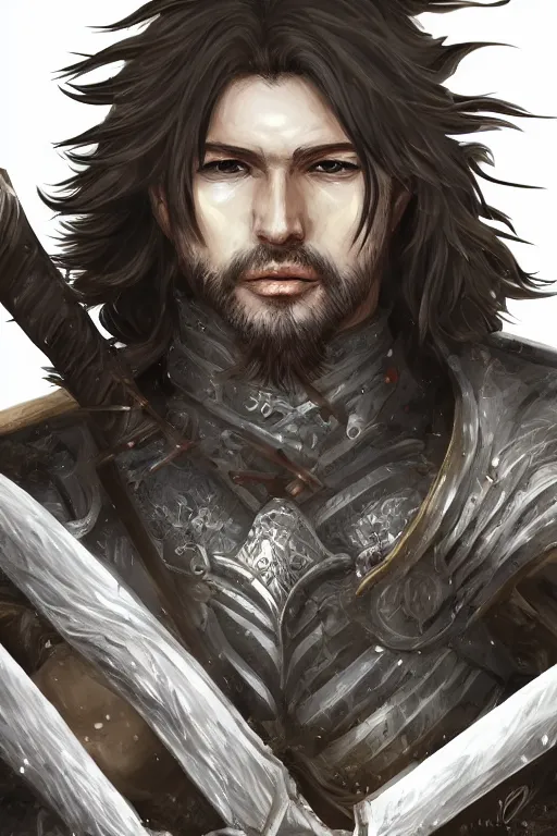 Image similar to A realistic anime portrait of a young handsome male barbarian with long wild hair, intricate fantasy spear, plated armor, D&D, dungeons and dragons, tabletop role playing game, rpg, jrpg, digital painting, by Ayami Kojima, digtial painting, trending on ArtStation, SFW version