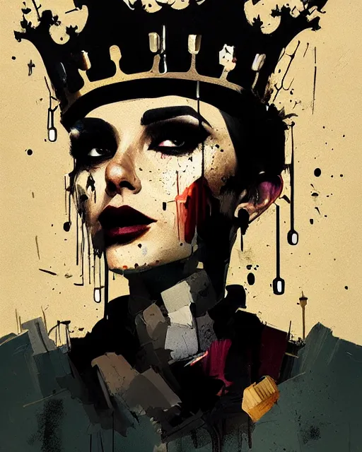 Image similar to mafia queen portrait, corrupted crown, dripping black gold paint, ismail inceoglu, tom whalen