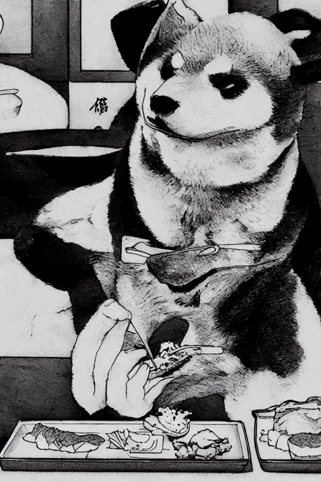 Image similar to a portrait of a shiba inu eating sushi, in the art style of katsuhiro otomo, realistic, highly detailed, b & w, 4 k