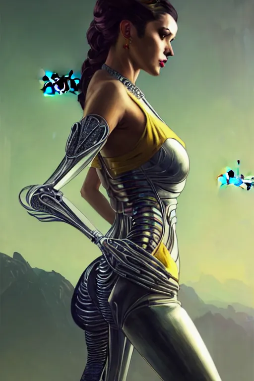 Image similar to gta 5 queen bee profile picture by greg rutkowski, cybernetic wings, dynamic pose, intricate, futuristic, fantasy, elegant, by stanley artgerm lau, greg rutkowski, thomas kindkade, alphonse mucha, loish, norman rockwell, fantasy lut, asymmetric, long hair, retro computer graphics, video game, fluid lines,