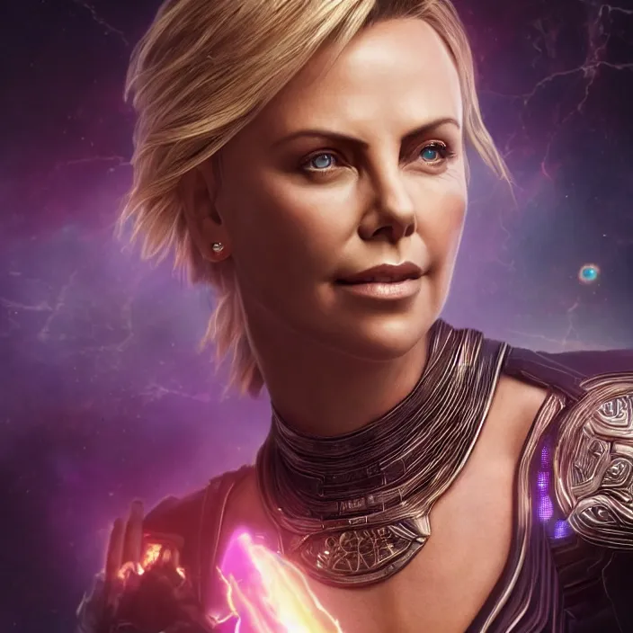 Prompt: portrait of ((Charlize Theron)), wearing The Infinity stones. SNAP. intricate artwork. octane render, trending on artstation, very coherent symmetrical artwork. avengers. thanos. cinematic, hyper realism, high detail, octane render, 8k, iridescent accents