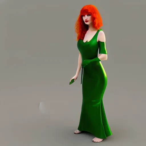 Prompt: beautiful quirky redhead woman, art nouveau, villian, green dress, Cinema4D