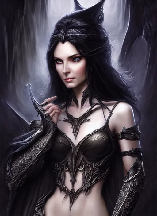 Image similar to d & d concept art of gorgeous elven woman with raven black hair in the style of stefan kostic, realistic, half body shot, sharp focus, 8 k high definition, insanely detailed, intricate, elegant, art by stanley lau and artgerm, luis royo, foggy black background, fantasy